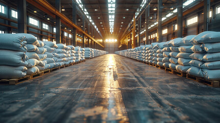 Big white sacks at large warehouse in modern factory.