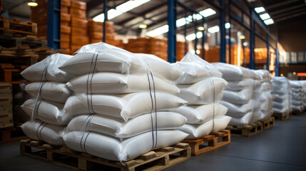 Big white sacks at large warehouse in modern factory.