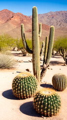 Wild cacti in the desert on a sunny day