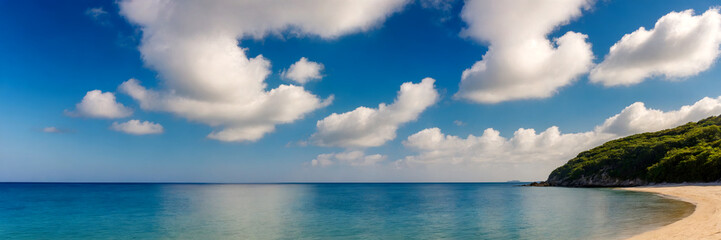 Naklejka na ściany i meble Panorama of a beautiful tropical beach with crystal clear water and blue sky