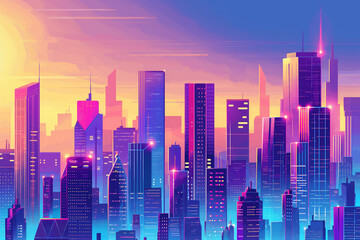 Twilight City. City skyline with silhouettes under a gradient sunset sky. Vector