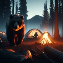 Grizzly bear enters a campsite in the dead of evening
