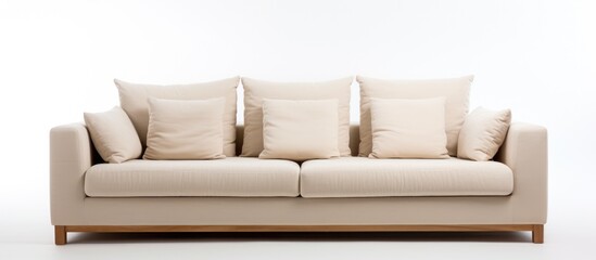 A modern light beige fabric three-seat sofa with four pillows placed neatly on top of it. The sofa features textile upholstery and is set against a white background.