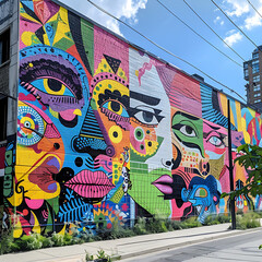 Vibrant street art mural adorning a city wall, showcasing bold colors and intricate designs that capture the energy and diversity of urban culture 
