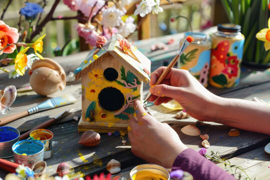 Hands crafting a colorful birdhouse, surrounded by spring flowers
