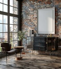 Poster Frame Mockup in Living Room Loft with Industrial Style, Presented in 3D Render. Made with Generative AI Technology