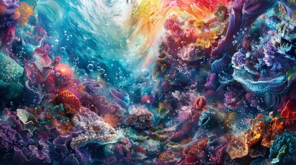 A fantastical portrayal of a coral reef, bursting with vivid colors and dynamic underwater life, evoking a dreamlike state.
