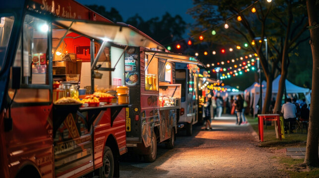 A row of food trucks at a popular outdoor event each featuring a different type of global cuisine from Italian pasta to Korean street food.
