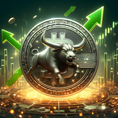 Bitcoin symbol with bull head indicating bull market sentiment