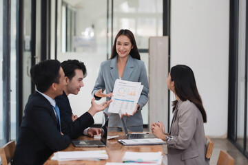 Professional business formal meeting conference discussion with coworkers and shareholders in the meeting room.
