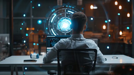 Businessman initiating new project in modern office with holographic computer target - startup concept and technology integration - Powered by Adobe