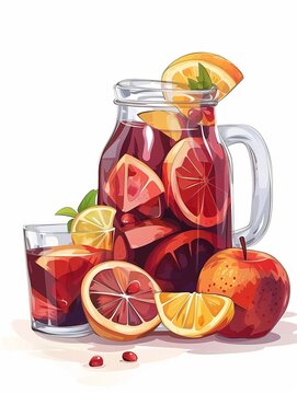 Glass pitcher of sangria with red wine, apple, orange, and ice illustration