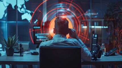 Fototapeta premium Businessman initiating new project in modern office with holographic computer target - startup concept and technology integration