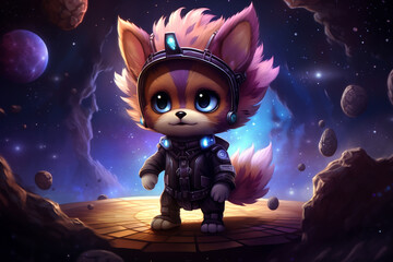 Chibi art style featuring a whimsical and adorable kylin exploring a cosmic galaxy filled with opulent elements
