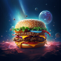 Create a surreal scene with a hamburger floating in a cosmic galaxy background, rendered in a 3D animator style