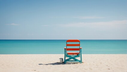 beach chair on the white sand and turquoise sea - obrazy, fototapety, plakaty