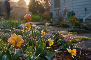 Early morning dew on newly planted flowers in a spring garden - obrazy, fototapety, plakaty