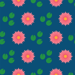 Soft vintage pink geometric water lily blossom and grass green leaves on dark water blue