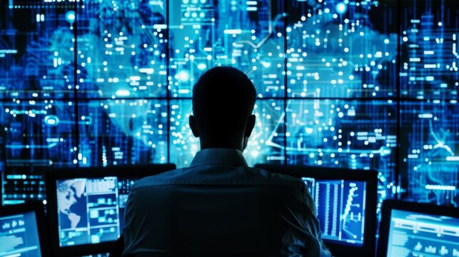 man looking at multiple displays, control center futuristic concept background