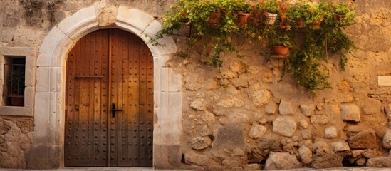 A stone building with medieval architecture stands tall, showcasing a wooden door and window. The rustic charm of the structure exudes a sense of history and tradition.