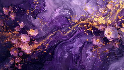 an abstract purple painting with gold flowers in the 