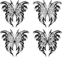 Set of elements Neo tribal tattoo butterfly shape modern acid graphic design clip art gothic flame emo goth 2000s Aesthetic style y2k wings ink black white aggressive line graphic ornamental doodle