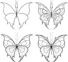 Set of elements Neo tribal tattoo butterfly shape modern acid graphic design clip art gothic flame emo goth 2000s Aesthetic style y2k wings ink black white aggressive line graphic ornamental doodle - obrazy, fototapety, plakaty