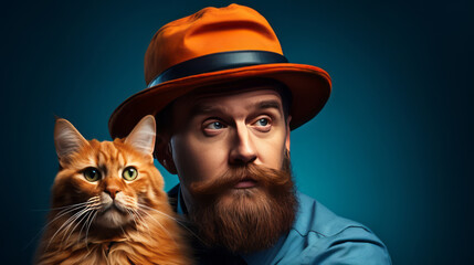 A large beautiful red Maine Coon cat next to a fancy man with a red beard and an orange hat - obrazy, fototapety, plakaty