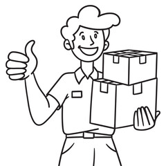 Illustration of a delivery boy with packages in his hand showing thumbs up. Monochrome outline vector.