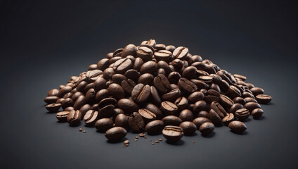 An image of a pile of freshly roasted coffee beans sprinkled against a dark background, highlighting their rich color and texture and aroma