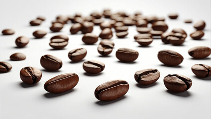 An image of scattered coffee beans on a light background, creating a feeling of lightness and aroma of freshly brewed coffee