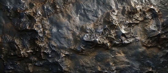 This close-up view showcases the rugged texture and natural color variations of a rock face. The intricate patterns and erosion marks on the surface of the rock are evident in this detailed shot.