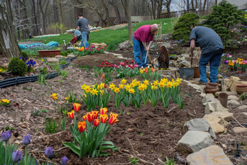 A landscaper adds the final touch to a blooming spring garden