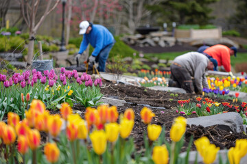 A landscaper adds the final touch to a blooming spring garden
