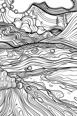Black and White Drawing of a Mountain Range, coloring page