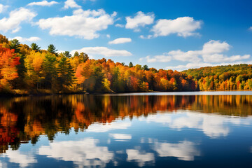 Autumn's Resplendent Beauty: Serene Lake Surrounded by Lush Forest Painted in Fall Colors