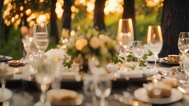 Elegant Wedding Table Setting with String Lights and Candles - Festive Terrace Decor