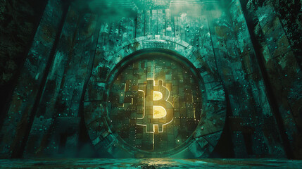 Cryptocurrency Concept - Bitcoin Vault Door , A colossal, illuminated Bitcoin is embedded in a vault door, symbolizing security and the digital cryptocurrency