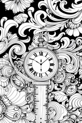 Clock Surrounded by Flowers, coloring page