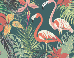 Tropical flowers, plants, leaves and flamingos. Vector illustration of exotic pattern, Hawaiian flowers for background, wallpaper or poster