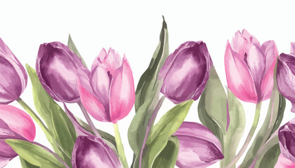 Obraz premium Tulips. Spring flowers. Watercolor elegant bright illustration of floral seamless pattern, frame, border, leaves, logo for abstract greeting card, wedding invitation or background