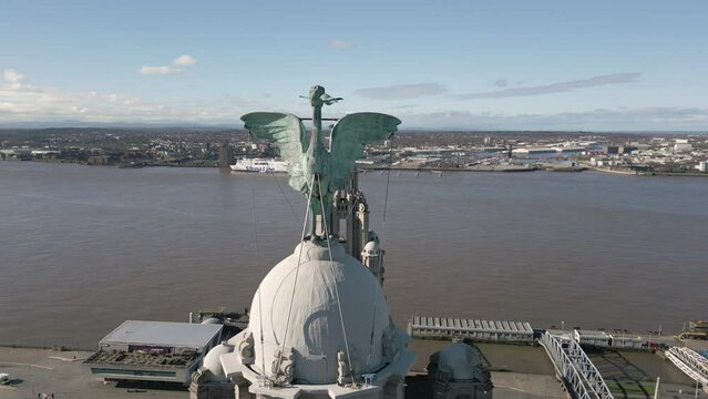 Aerial view of the Liver Birds on the Liver Building at the Pier Head, Liverpool, England