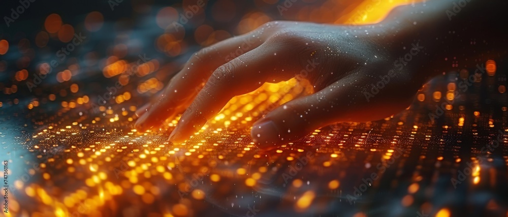 Leinwandbilder A person touches data on a virtual screen. Business analytics, artificial intelligence, machine learning. Engineers or scientists analyze streams of data.