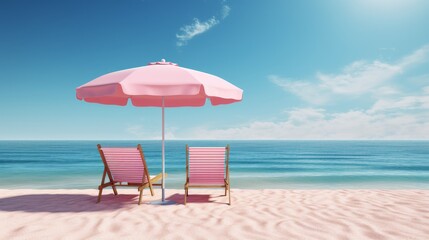 d pink parasol and chair on the beach - obrazy, fototapety, plakaty