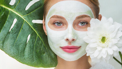 Skin care. Cheerful attractive caucasian female with clay mask on face and cucumber slices in hands against blue background getting beauty treatment. Spa concept with copy space