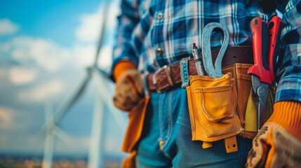 A technician clad in a plaid shirt and tool belt stands ready at a wind turbine installation, symbolizing renewable energy maintenance.