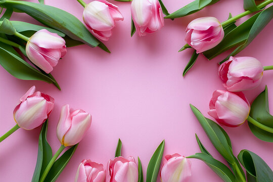 Women's Day, Mother's day top view, light pink solid background; frame from pink tulips flowers, studio light