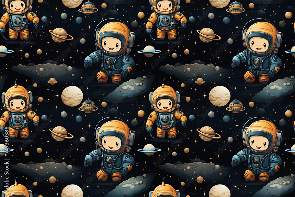 Wall mural seamless pattern with cute cartoon characters astronauts in space on black background. texture for d
