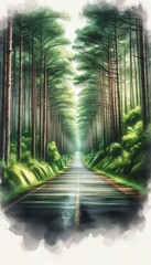 Watercolor of Road Amidst a Pine Tree Forest