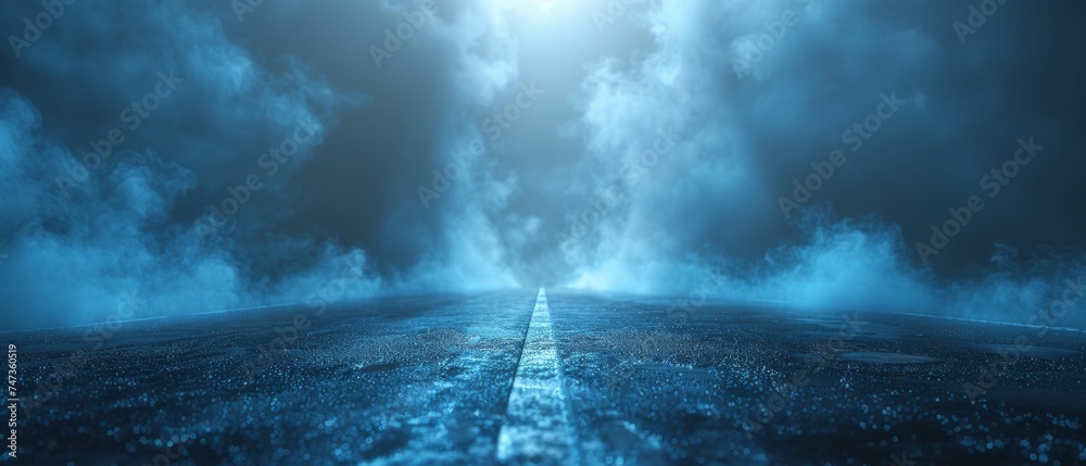 Poster blue neon light illuminates an empty scene. a blue asphalt street is illuminated with smoke. there i